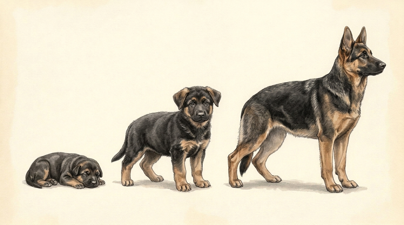 Illustration of the same animal as a newborn, at 8 weeks and at 5 months.