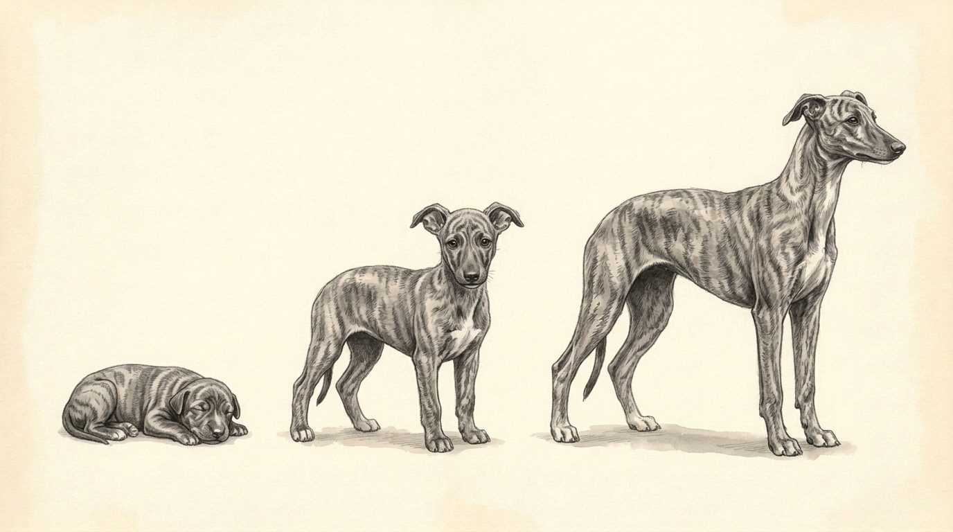 Illustration of the same animal as a newborn, at 8 weeks and at 5 months.