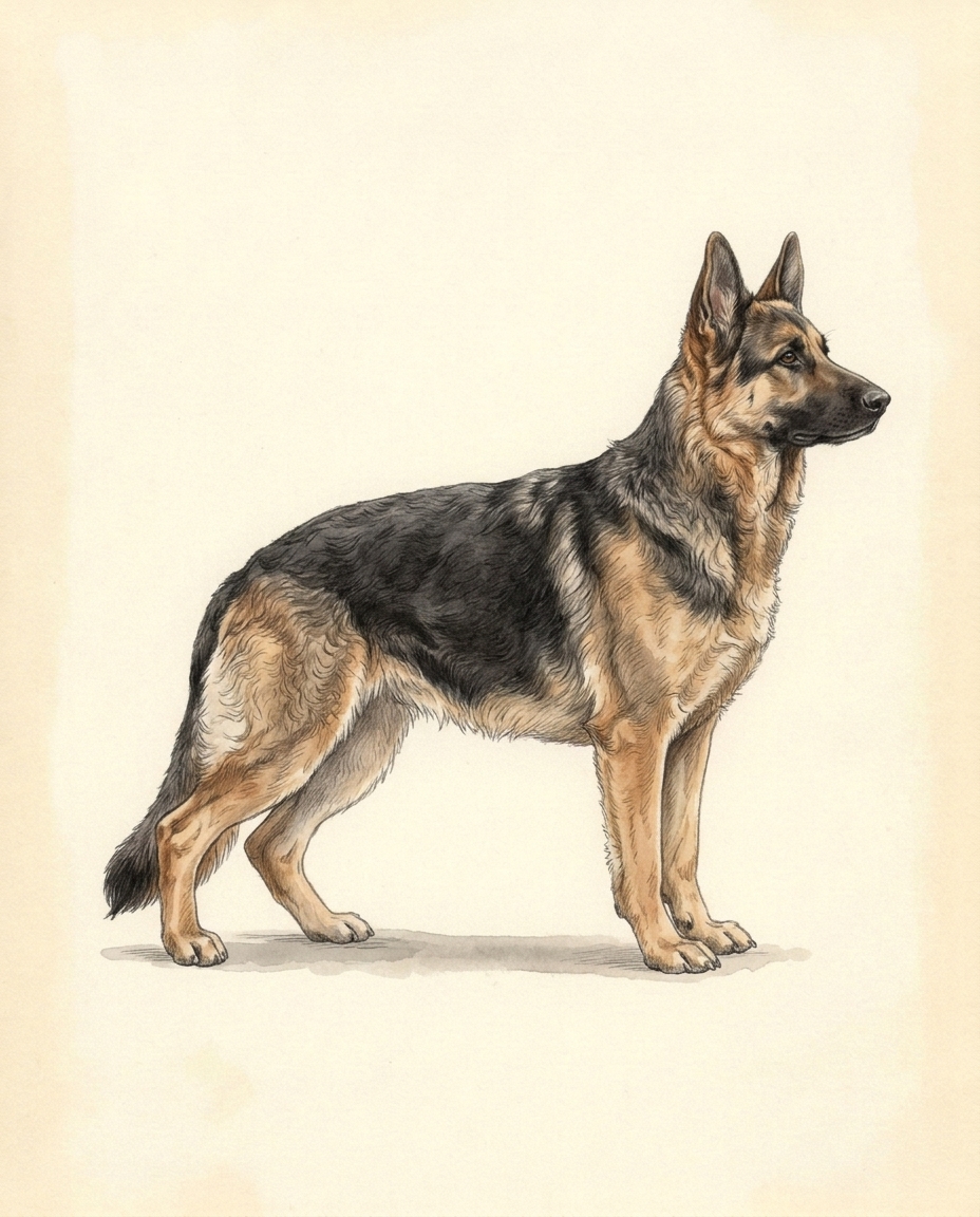 Illustration of the adult animal standing in side profile, to scale with the ruler.