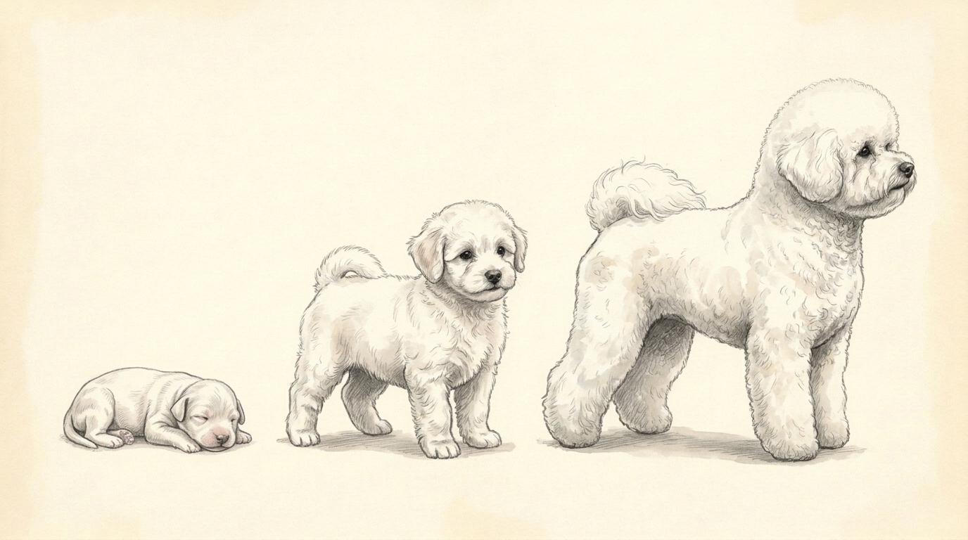 Illustration of the same animal as a newborn, at 8 weeks and at 5 months.
