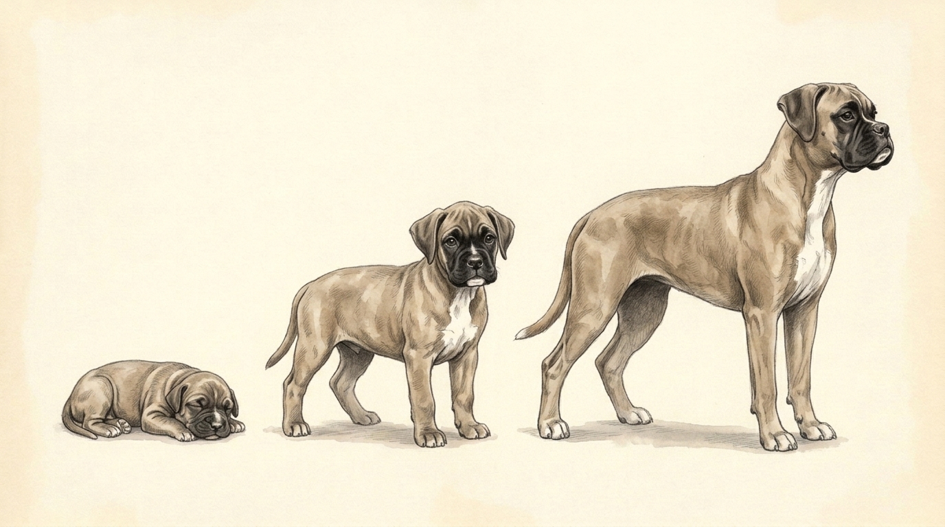 Illustration of the same animal as a newborn, at 8 weeks and at 5 months.