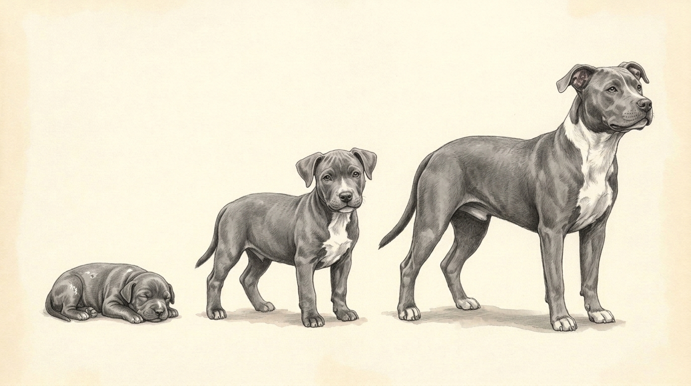 Illustration of the same animal as a newborn, at 8 weeks and at 5 months.