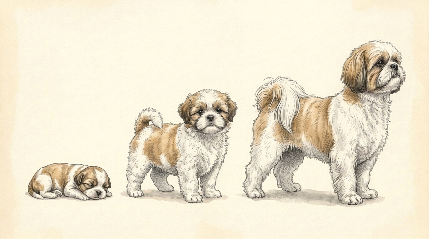 Illustration of the same animal as a newborn, at 8 weeks and at 5 months.