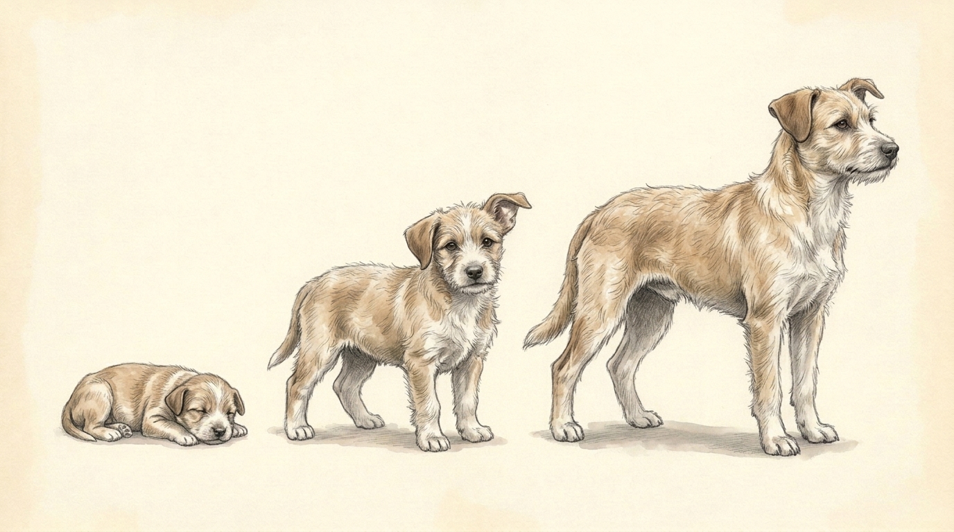 Illustration of the same animal as a newborn, at 8 weeks and at 5 months.