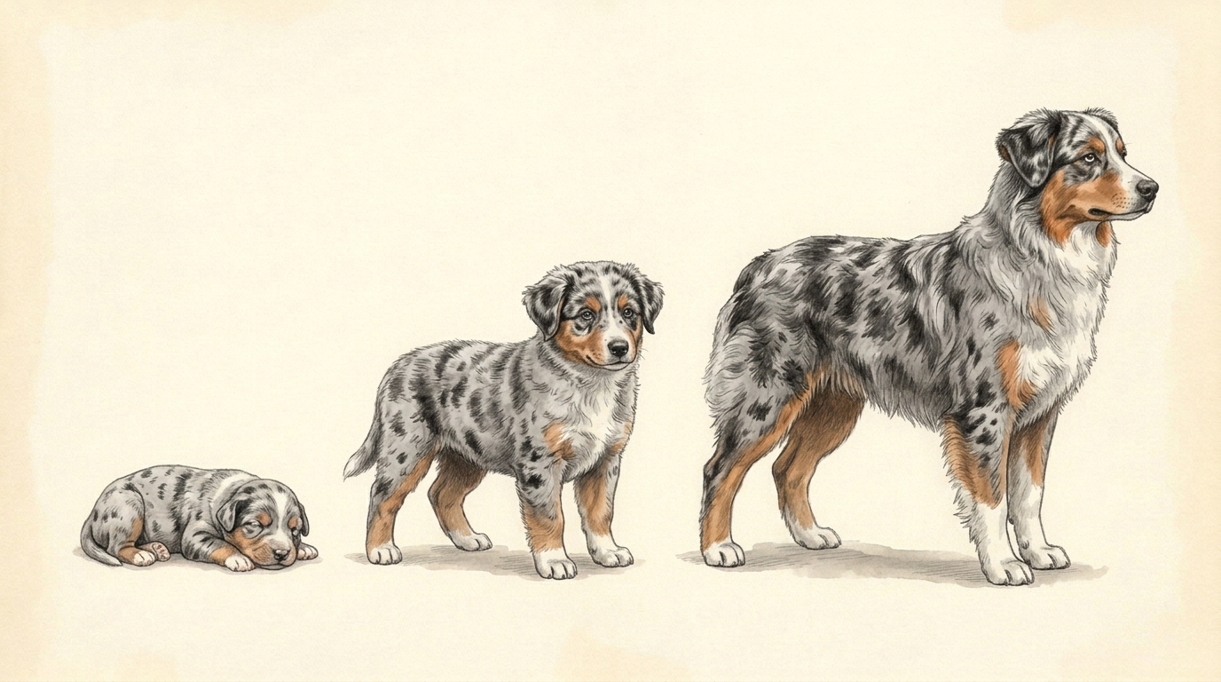 Illustration of the same animal as a newborn, at 8 weeks and at 5 months.