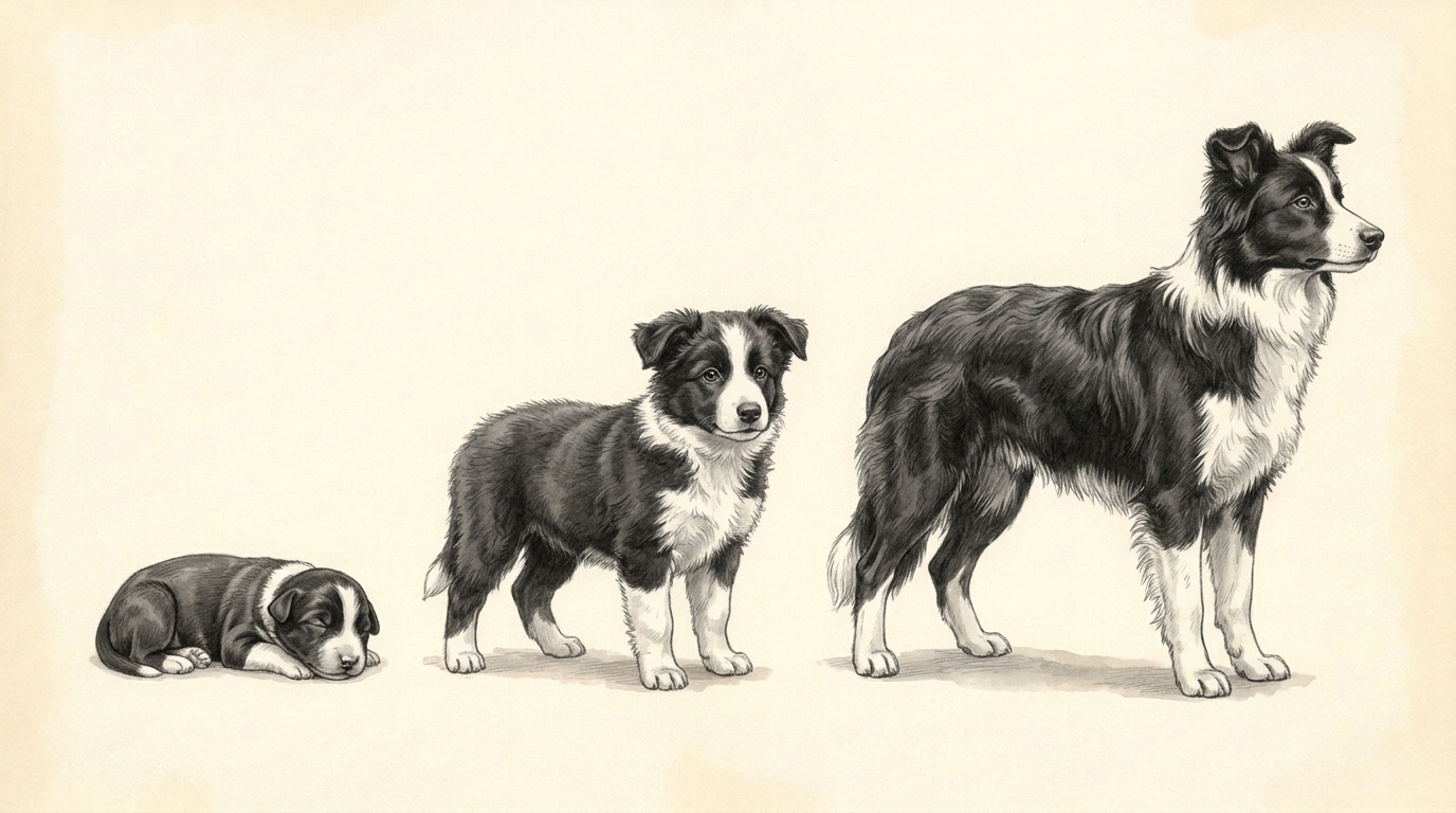 Illustration of the same animal as a newborn, at 8 weeks and at 5 months.